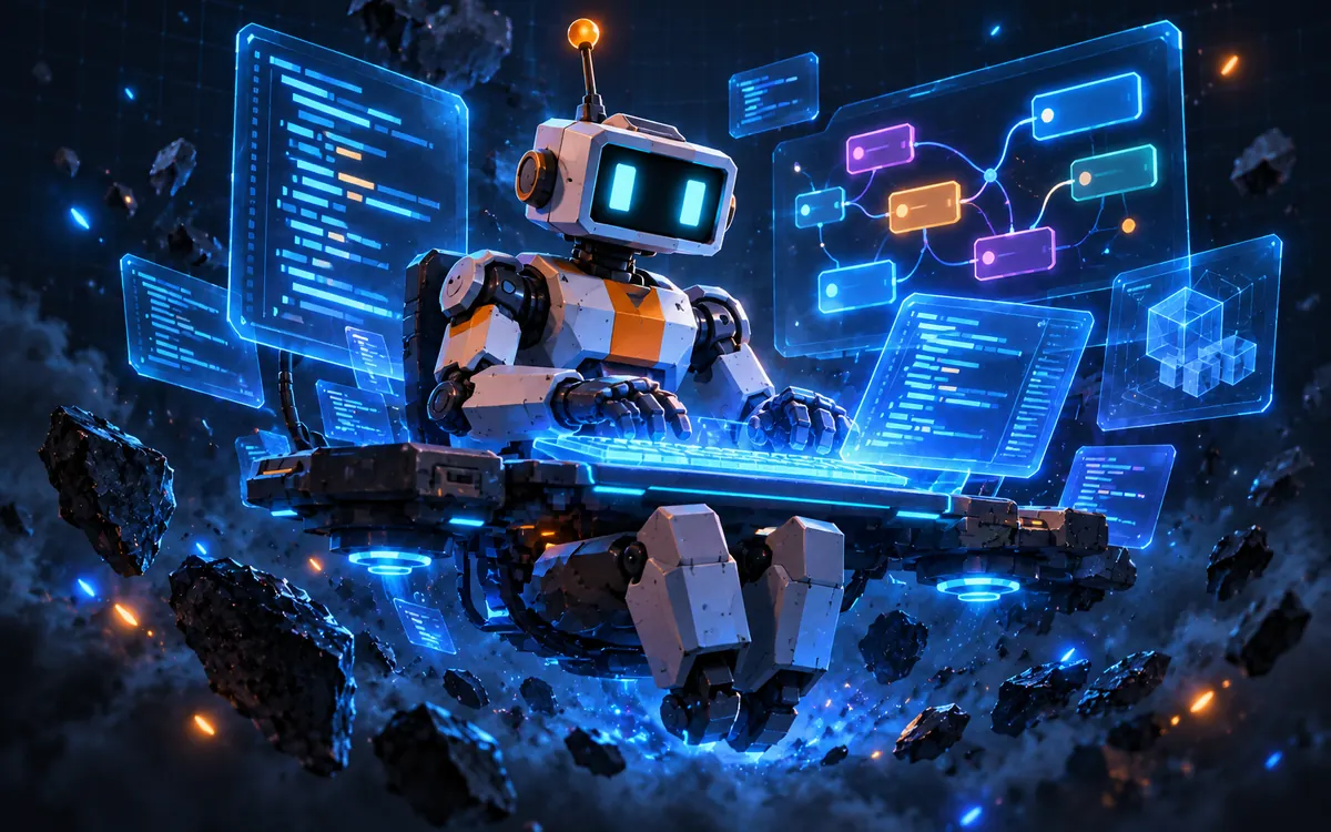 Code & engine illustration: an original IndieBots crew character