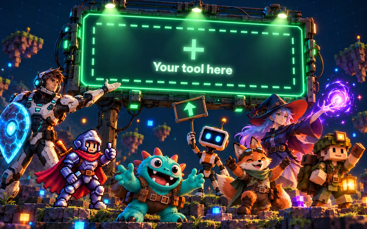 The IndieBots crew presenting an open billboard that reads: Your tool here